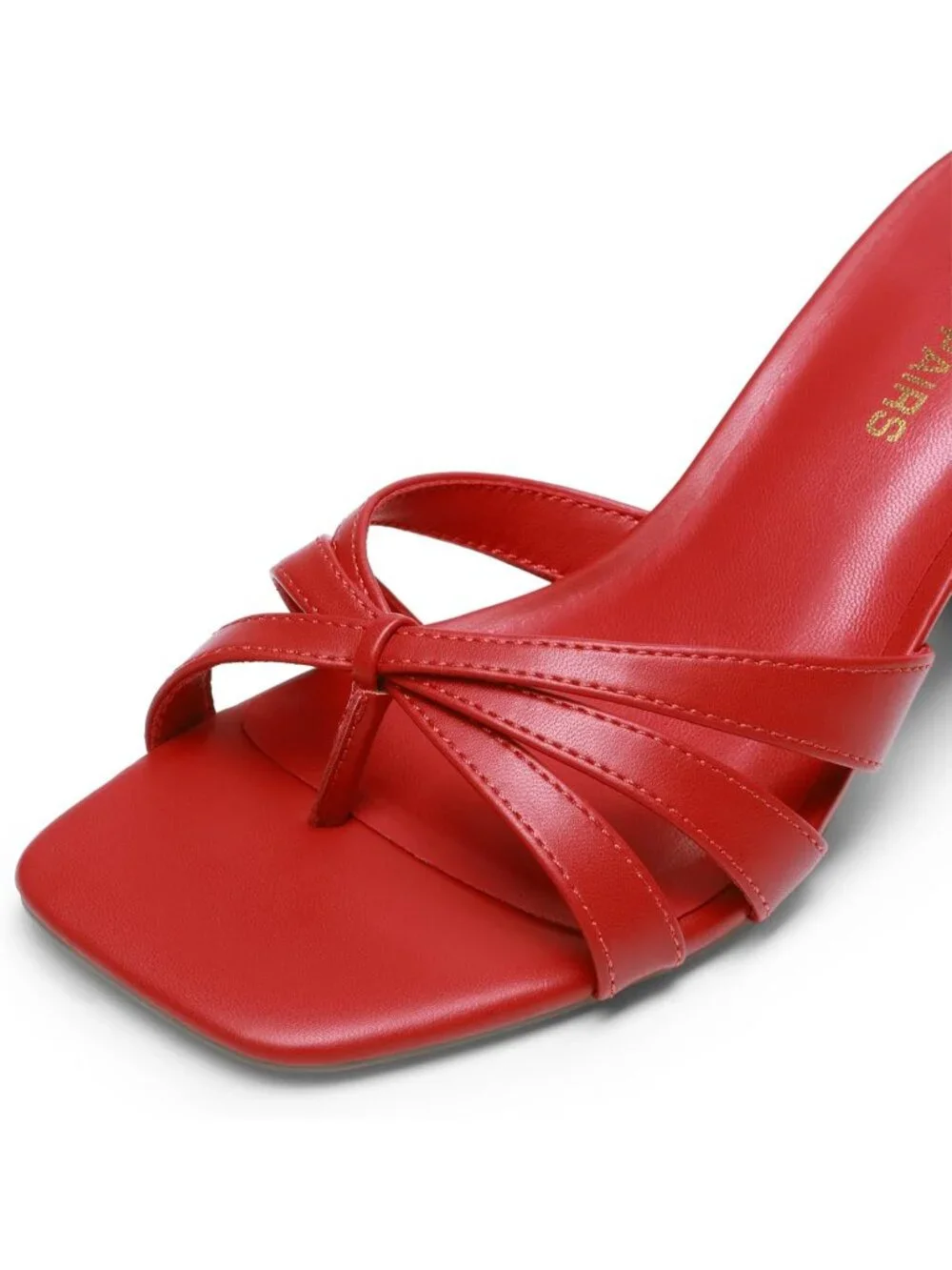 Women's Red Faux Leather Square Open Toe Thong Mules Strappy Casual Kitten Heels